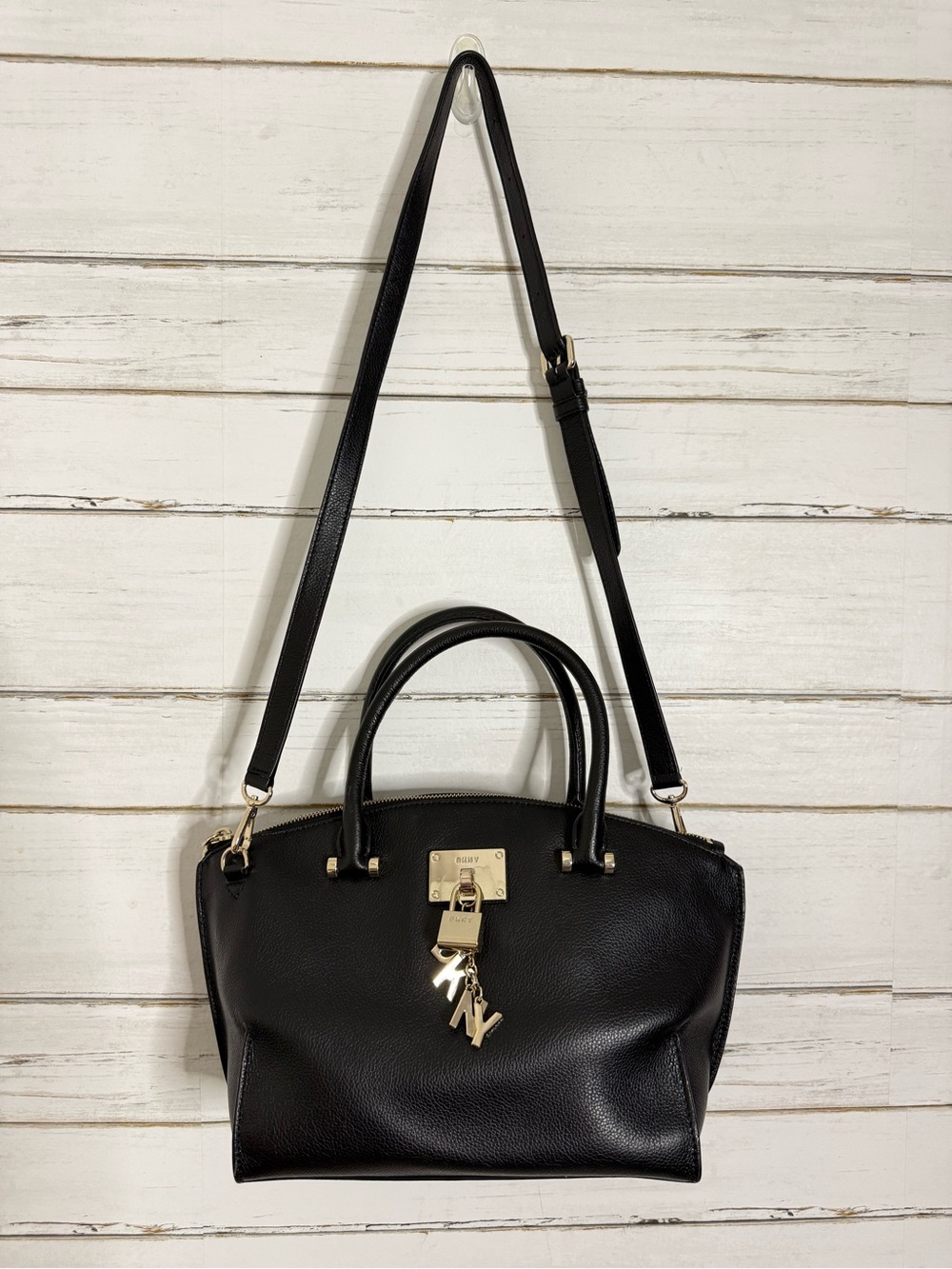 DKNY Elissa Black Pebbled Leather Satchel Crossbody Bag Gold Logo Charm